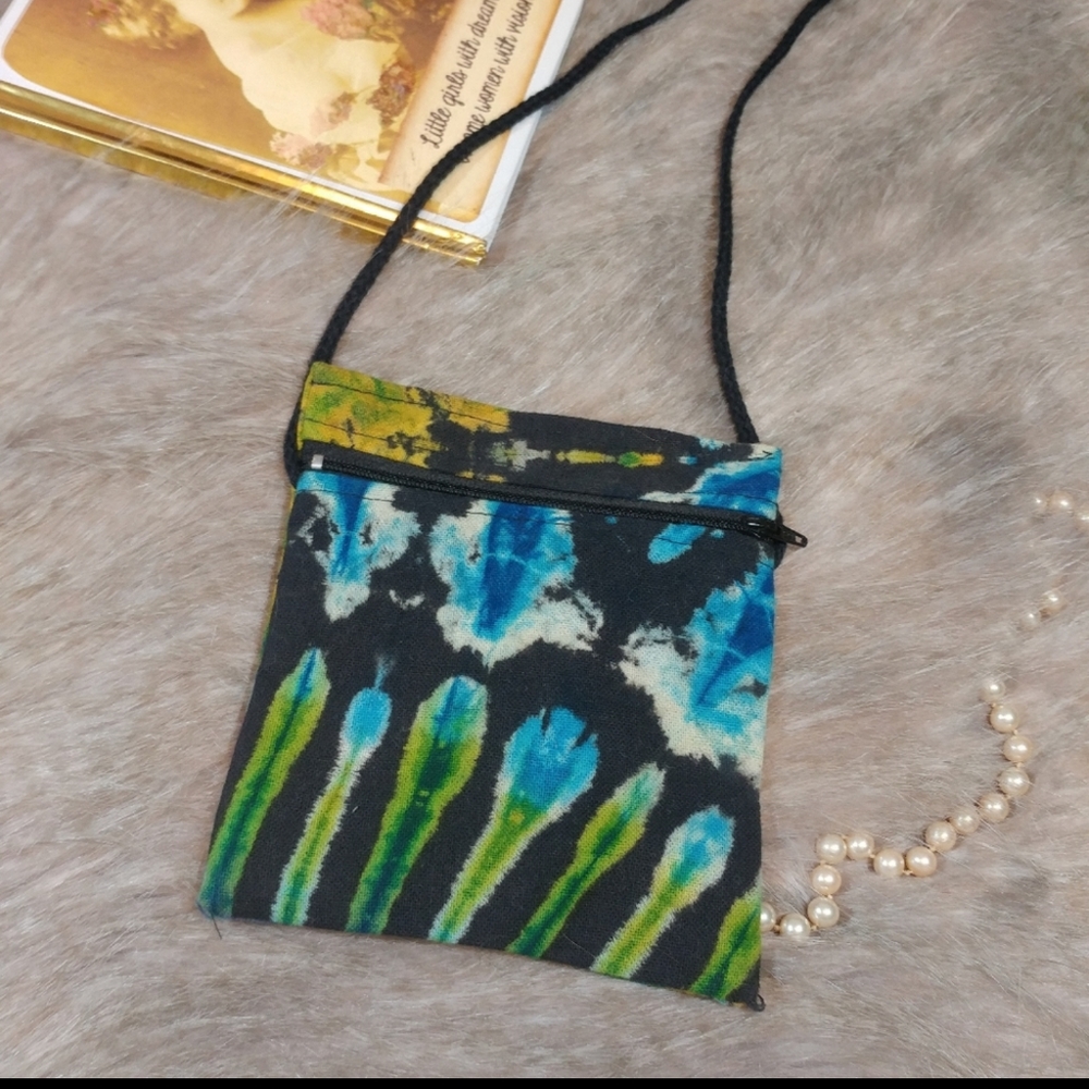 Handmade Bohemian Boho Black Green Blue Tie Dye Crossbody Bag Cotton Hippie